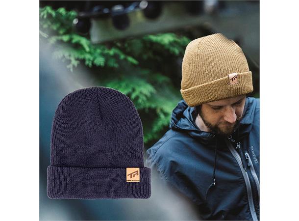 Transition Beanie Hat: TR Leather Tag Midnight Blue